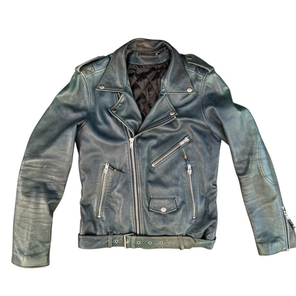 BLK DNM Mens Leather Biker Jacket Blue Leather Moto Jacket Size M